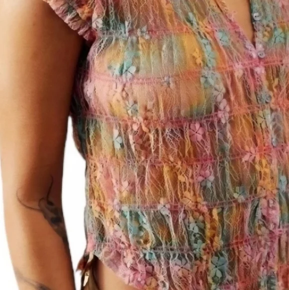 Free People Julie Printed Sheer Lace Mesh Smocked Top Tropical Sunset‎  Combo - Picture 12 of 14